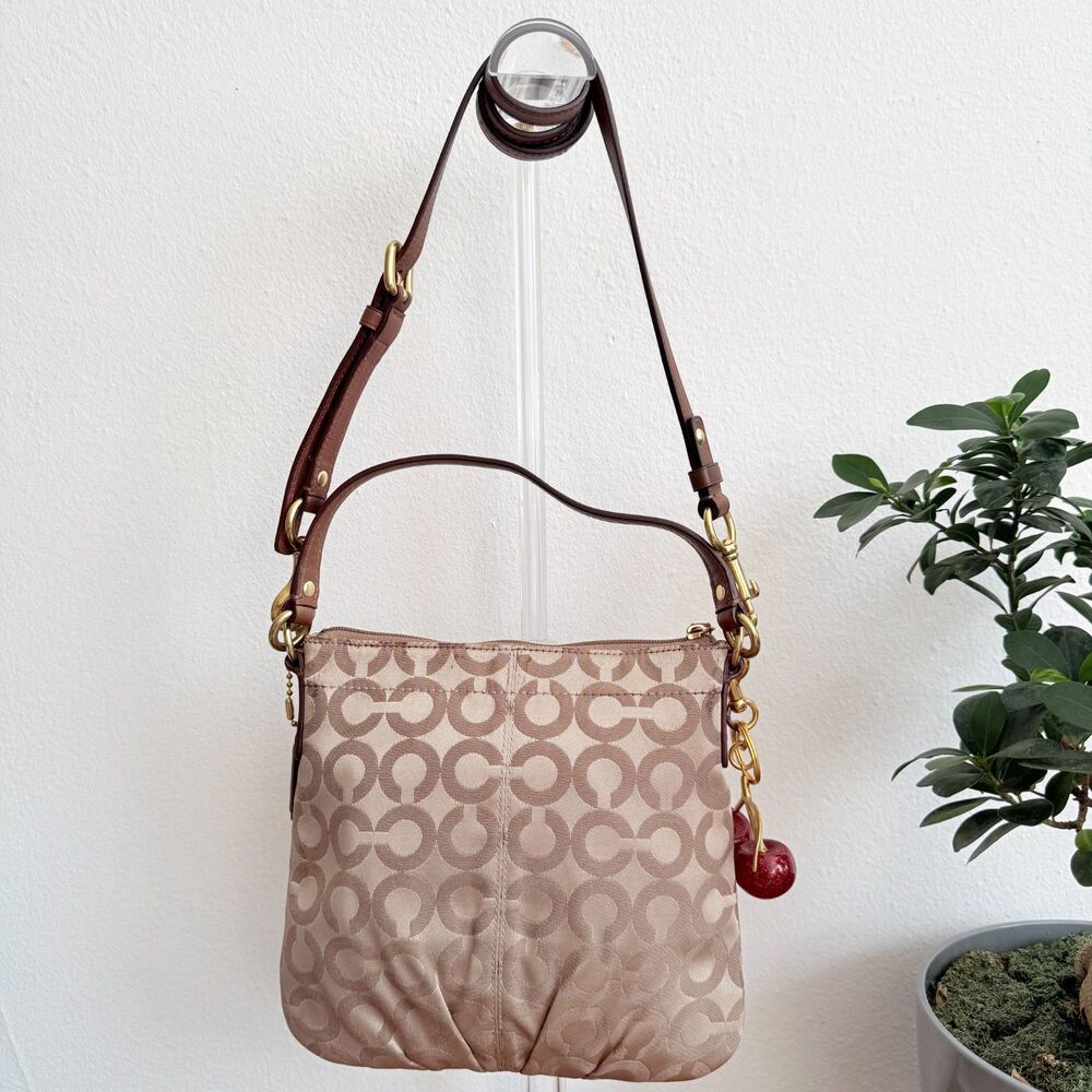 Vintage Coach Signature Sateen Convertible Hobo Crossbody Bag Beige Brown Y2K